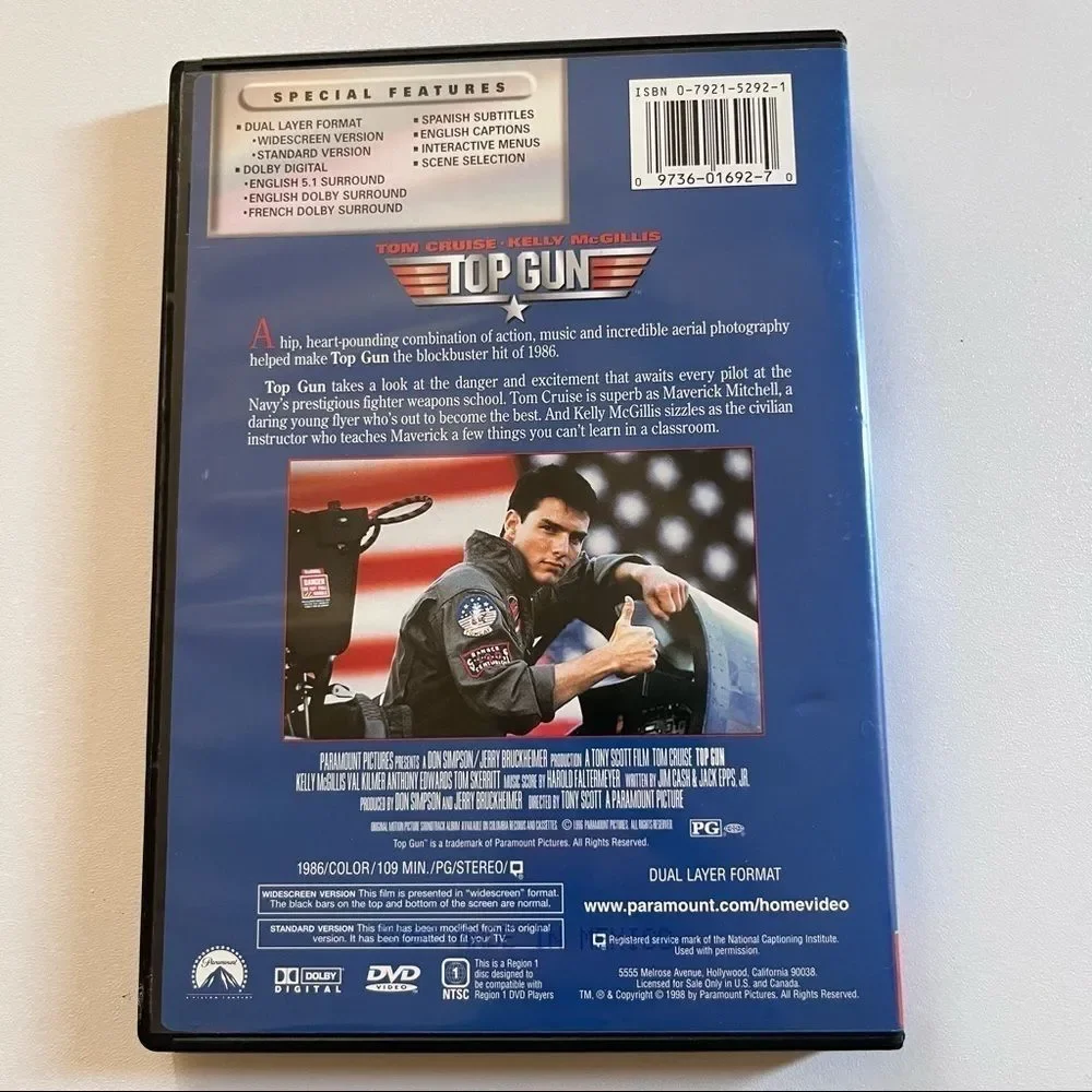 Top Gun DVD with Tom Cruise, Kelly McGillis, Val Kilmer. Action Drama Movie